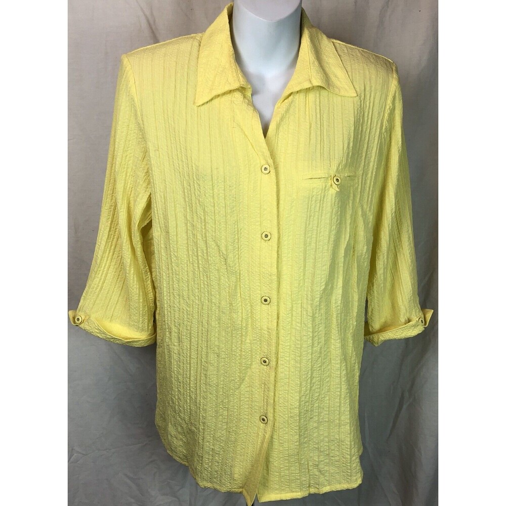 Allison Daley Gauzy Top Blouse 8 Yellow 3/4 Sleeve Button Up Collar Pocket